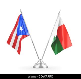 Madagascar and Puerto Rico table flags isolated on white 3D rendering Stock Photo