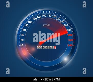 Blue car speedometer with an off-scale red arrow. Vector. Stock Vector