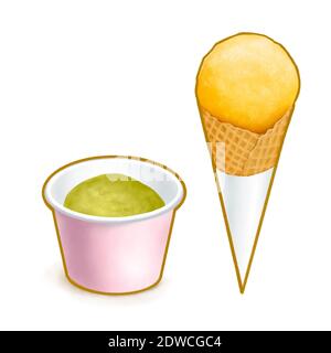 The digital painting of delicious green tea ice cream scoop in paper cup with mango ice cream wafer cone topping, frozen dessert food isometric icon r Stock Photo