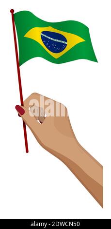 Female hand gently holds small Flag of Republic of Brazil. Holiday design element. Cartoon vector on white background Stock Vector