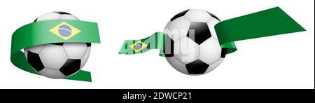 balls for soccer, classic football in ribbons with colors Flag of Republic of Brazil. Design element for football competitions. Isolated vector on whi Stock Vector