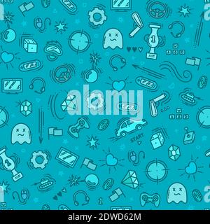 Seamless pattern of gaming objects. Virtual reality, computers, game genres and related stuff. Vector illustration in doodle style. Vector Stock Vector