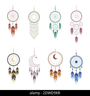 Dream catcher with mandala and feathers. Set of Indian mascots. Stock Vector