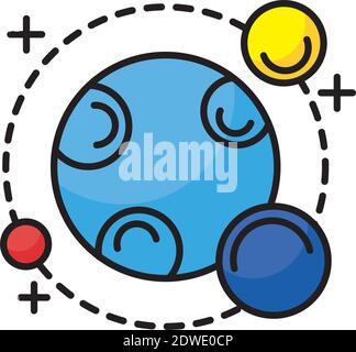 planet with three satellites orbiting around line and fill style icon Stock Vector