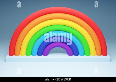 3d illustration of a rainbow round arch on a  gray background.  Portal of long inflatable colorful balls to the magical land Stock Photo