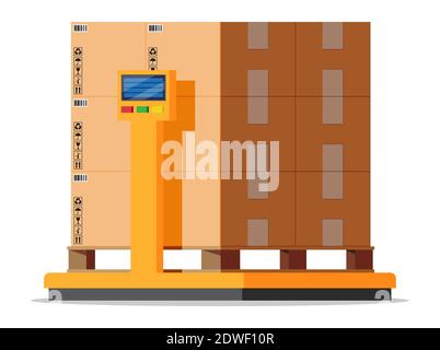 Industrial cargo weight scales. Weight of goods. Logistic and distribution, parcel package, cardboard boxes. Scale with box isolated on white. Warehouse service, delivery. Flat vector illustration Stock Vector