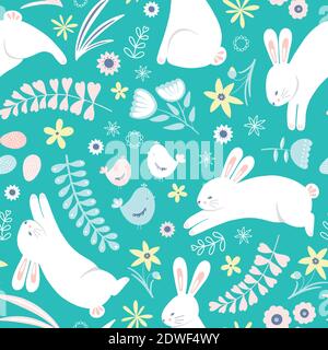 Easter pattern with rabbits and flowers, cute vector Holiday background of bunnies, chicks and eggs. Vector seamless repeat.  Stock Vector