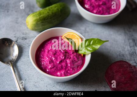 Close up of beetroot dip Stock Photo
