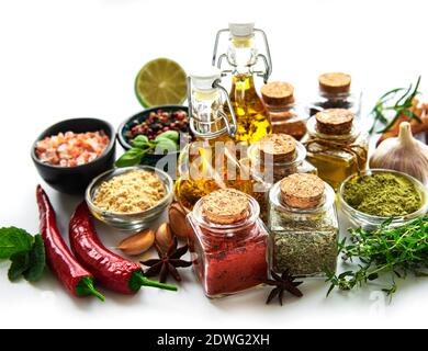 Various spices isolated on white background, top view Stock Photo