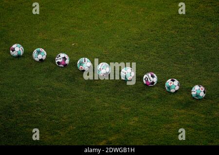 Cologne, Germany. 22nd Dec, 2020. Football: DFB Cup, 1. FC Köln - VfL Osnabrück, 2nd round at RheinEnergieStadion: Balls lie in a row on the pitch before the game. Credit: Frederic Scheidemann/Getty Images Europe/Pool/dpa/Alamy Live News Stock Photo