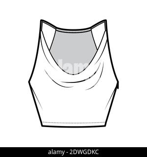 Tank low cowl Crop Camisole technical fashion illustration with thin adjustable straps, slim fit, waist length. Flat outwear top template front, white color. Women men unisex CAD mockup Stock Vector