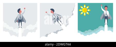 Superhero super successful businessman flying in the sky. Success growth business concept. Stock Vector