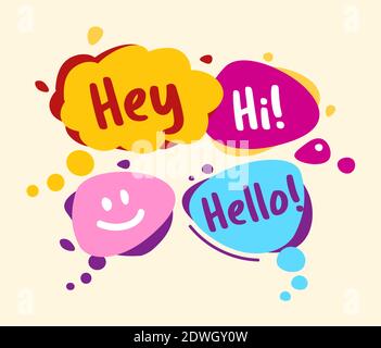 Concept speech bubbles in comic style. Hey, hello, hi, smile. Bright color talking bubbles on light background. Vector illustration Stock Vector