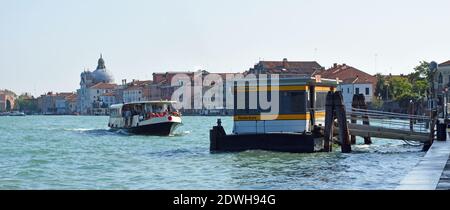 Redentore vaporetto stop on the Island of Giudecca Venice, with water bus. Stock Photo