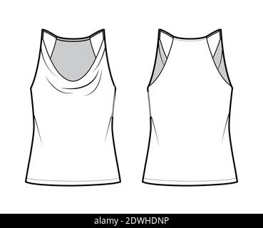 Tank low cowl Crop Camisole technical fashion illustration with thin adjustable straps, oversized, waist length. Flat outwear top template front, back, white color. Women men unisex CAD mockup Stock Vector