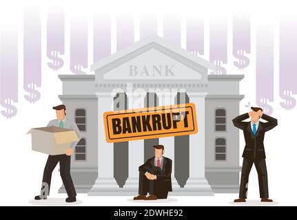 Bank Bankruptcy concept. Sinking banking process in financial crisis. Economical problem, investment failure or budget collapse. Flat Vector illustrat Stock Vector
