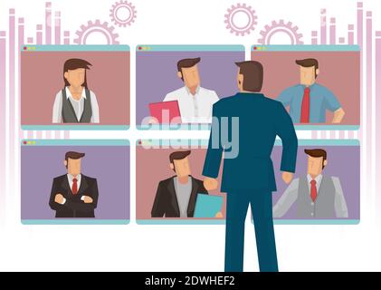 Back view of businessman speaking on the video call with his colleagues on online briefing. Worker on webcam group conference on laptop at home or ove Stock Vector