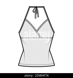 Top halter neck surplice tank cotton-jersey technical fashion illustration with empire seam, bow, slim fit, tunic length. Flat outwear template front, grey color. Women men unisex CAD mockup Stock Vector