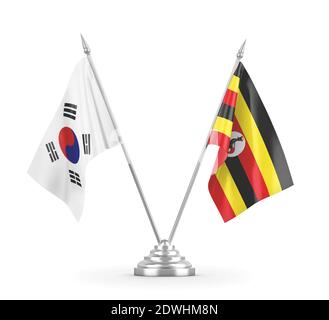 Uganda and South Korea table flags isolated on white 3D rendering Stock Photo