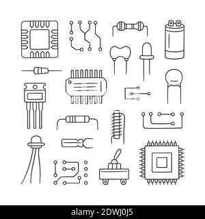 Electronic radio components. Set of microchip, diode, transistor capacitor, resistor. Computer parts. Stock Vector