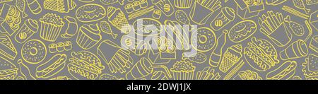 Fast food doodle seamless horizontal border. Hand drawn icons on white background. Vector illustration. Stock Vector
