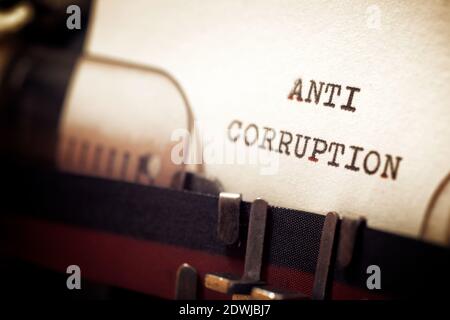 Anti corruption phrase written with a typewriter. Stock Photo