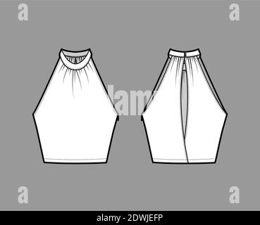 Top crop banded high neck halter tank technical fashion illustration with wrap, slim fit, waist length. Flat apparel outwear template front, back, white color. Women men unisex CAD mockup Stock Vector