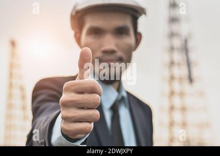 Project manager Thump up success building construction project Stock Photo