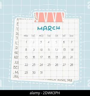 March 2021 month calendar. Blue text on squared paper with dots. A piece of newspaper is at the bottom, cute pink scotch, patterned adhesive tape with Stock Vector