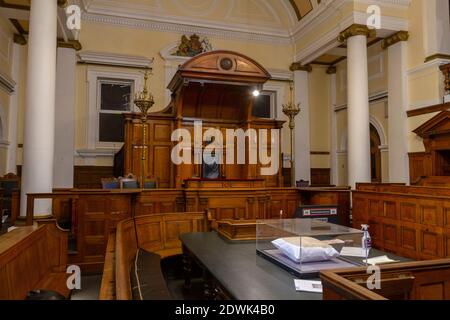 View towards Judges bench inside one of the preserved Victorian courtroom in National Justice Museum, Nottingham, Nottinghamshire, UK. Stock Photo