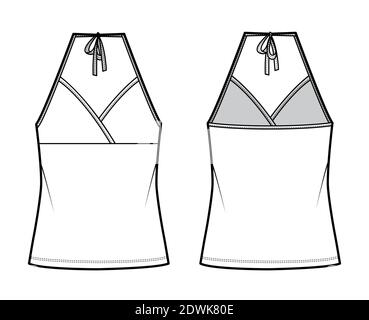 Top halter neck surplice tank cotton-jersey technical fashion illustration with empire seam, bow, oversized, tunic length. Flat outwear template front, back, white color. Women men CAD mockup Camisole Stock Vector