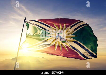 Santo Domingo de los Tsachilas province of Ecuador flag waving sunrise mist fog Stock Photo