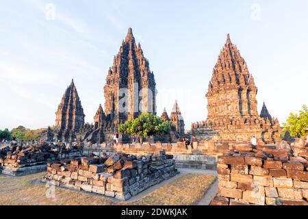 Ancient Hindu temples at the Prambanan Temple Compound in Java, Indonesia Stock Photo