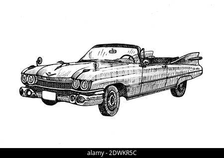 Hand drawn vintage retro old timer cabriolet, doodle sketch graphics monochrome illustration on white background (originals, no tracing) Stock Photo