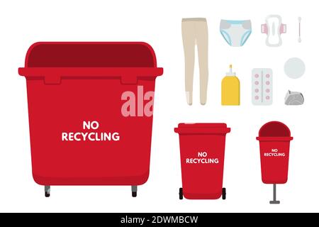 Waste sorting set, flat, infographics vector illustration. Red bins for no recycling trash, nylon, diapers, pad, tampon, tablets glue Stock Vector