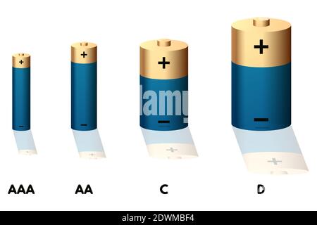 Blue battery set vector illustration. AAA, AA, D and D size. Stock Vector