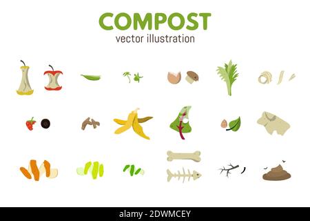 Organic recycle compost set. Food waste vector illustration. Stock Vector