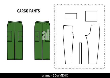 Cargo trousers for woman. Pants vector pattern for tailor. Technical design illustration and sketch. Stock Vector
