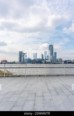 A city park along the Huangpu river, in Shanghai, China. Stock Photo