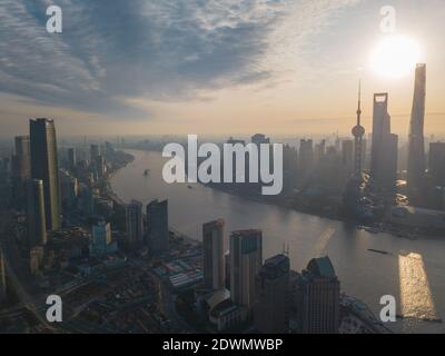 Aerial view of the panorama of Lujiazui, the financial district in Shanghai, China, at sunrise. Stock Photo