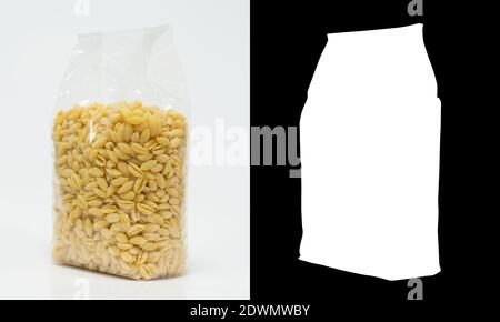Transparent plastic pasta bag gnocchetti sardi on white background. With alpha channel Stock Photo