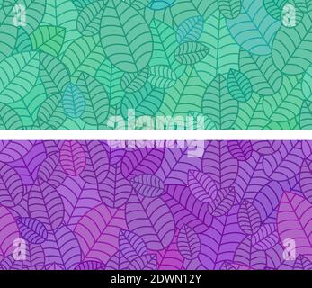 Seamless linear leaves pattern. Horizontal plant color leaf ornament. For labels, packaging or fabric. Chaotically scattered leaves. Stock Vector