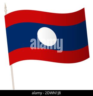 Vector Waving flag on a flagpole. The national flag of Laos. Color symbol isolated on white. Stock Vector