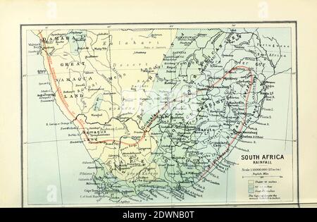 Ancient rainfall map of South Africa (1895) from the book 'The Castle Line atlas of South Africa' : a series of 16 plates, printed in colour, containing 30 maps and diagrams, with an account of the geographical features , the climate, the mineral and other resources, and the history of South Africa. And an index of over 6,000 names Stock Photo