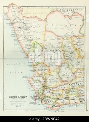 Ancient map of South Africa Western Sheet (1895) from the book 'The Castle Line atlas of South Africa' : a series of 16 plates, printed in colour, containing 30 maps and diagrams, with an account of the geographical features , the climate, the mineral and other resources, and the history of South Africa. And an index of over 6,000 names Stock Photo