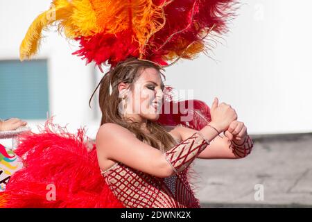 BARRANQUILLA, COLOMBIA - Feb 11, 2018: The comparsa parades their traditional colorful costumes at the Barranquilla carnival Stock Photo