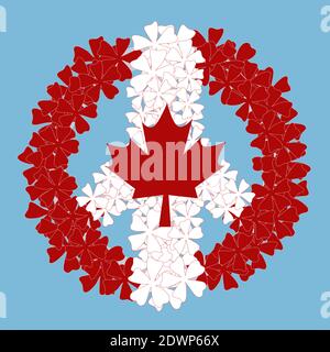 National Flag of Canada Day. Canadian Flag Shaped like a Peace Sign. Peace sign made of white and red flowers. Isolated vector illustration on blue ba Stock Vector
