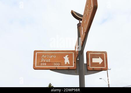 Street signs in the city of Puerto Natales, Patagonia, Chile Stock Photo
