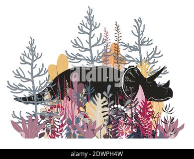 Cute Triceratops in the jungle. Dinosaur in the rainforest, vector illustration. Happy dino character cartoon art isolated on white background Stock Vector