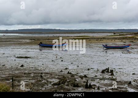 Carrasqueira, Portugal - 19 December 2020: Two colorful fishing boats stranded in the marsh at low tide Stock Photo